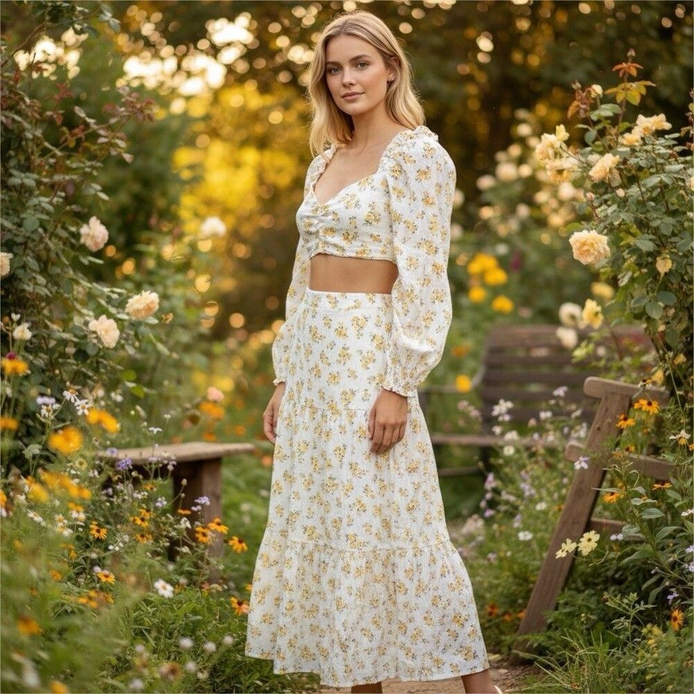 Storia Ditsy Floral Skirt Top Set M Smocked Cowgirl Festival Cotatgecor